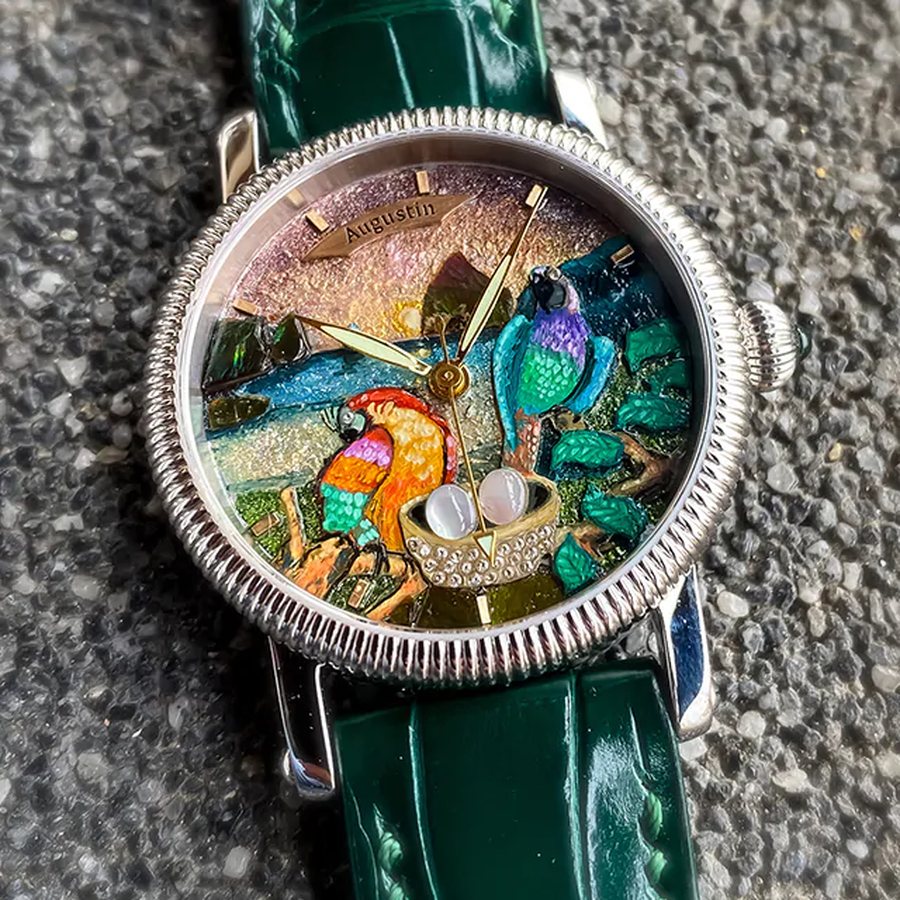 Detail of a dial worked in successive layers of colour